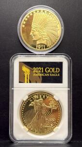 2021 Gold American Eagle $50 COPY Coin & 1911 Indian Head $10 Replica, 1 oz Gold Plate
