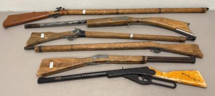 Vintage Lot of 5 Handcrafted Wooden Toy Rifles, Mixed Lengths, Metal Trim, Decorative