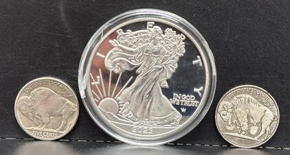 Replica 2023 1 oz American Silver Eagle Coin in Capsule Plus Buffalo Nickels and Hobo Nickel Wolf Carving