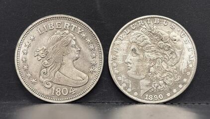 1890 Morgan Silver Dollar & 1804 Draped Bust Dollar, U.S. Coins, 90% Silver, Circulated