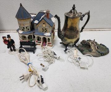 (1) Mervyn's Village Square 2000 Christmas Victorian House (1) Vintage Ibternational Silver Company Silver-Plated Coffee Teapot (1) Collectible Grandeur Noel Victorian Village Figurine And More