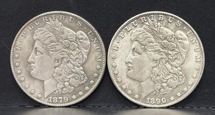 Morgan Silver Dollar Lot: 1879 Philadelphia, 1890-S COPY Replica, 90% Silver, Circulated