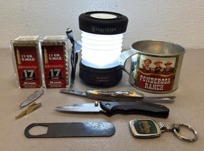 Hornady .17 HMR 100 Rounds, Buck Knife, HybridLight Lantern, Ponderosa Ranch Mug, Collectibles