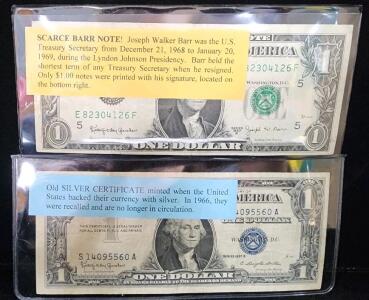 (1) Series 1957-B Silver One Dollar Certificate (1) Series 1963-B Scarce Barr One Dollar Note