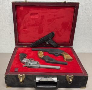 Vintage Toy Cap Gun Set &ndash; Revolver & Semi-Auto in Velvet Case with Wooden Props, c. 1960s&ndash;1970s