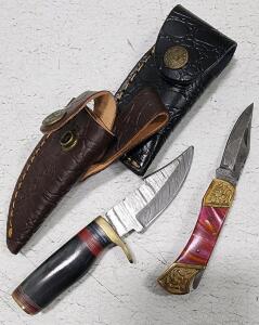 (1) Fixed Blade Damascus Steel Utility Knife With Resin Handle And Sheath (1) Damascus Steel Pocket Knife With Resin Handle And Sheath
