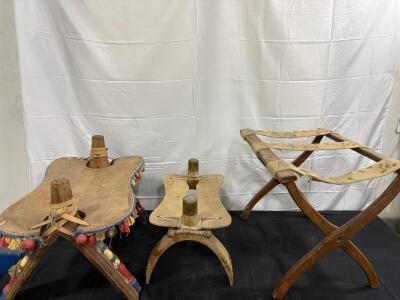 Set of 3 Antique Stools: 2 Decorated Camel Saddle Stools & 1 Wooden Folding Camp Stool