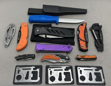 Assorted Lot of 13 Folding Pocket Knives & 3 Survival Multi-Tool Cards Outdoor Edge, Lansky, More