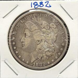 1882 Morgan Silver Dollar, Circulated, Likely Philadelphia Mint, 90% Silver, 38.1mm Diameter