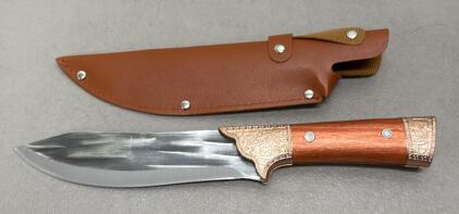 Ornate Fixed-Blade Hunting Knife, 11.5" Overall, Wood Handle, Stainless Drop Point, Sheath Included