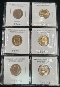 (4) 1964-1980 Brilliant Uncirculated Jefferson Nickle Coins (2) 1981-1987-D Brilliant Uncirculated Jefferson Nickle Coin