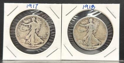 1917 & 1918 Walking Liberty Half Dollars, 90% Silver, Circulated, Weinman Design
