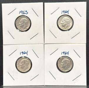 1963 & 1964 Roosevelt Silver Dimes &ndash; 90% Silver, 10c U.S. Coins, 4 pcs, Circulated