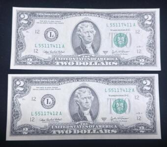 Consecutive Pair 2003 $2 Federal Reserve Notes, San Francisco L District, Crisp Uncirculated
