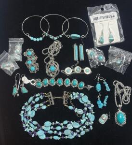 Large Lot of Turquoise-Look Jewelry: Bracelets, Necklaces, Earrings, Multi-Strand Beaded Piece