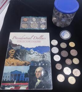 Mixed Coin Collection: 1 oz Silver Round, U.S. Mint Set, World Coins, Presidential Folder