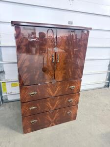 Vintage Mid-Century Wooden Armoire Wardrobe Dresser, 4 Drawers, Upper Cabinet, Gloss Finish 60 in x 38 in x 20 in,