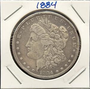 1884 Morgan Silver Dollar, Philadelphia Mint, 0.859 oz Silver, Original US Coin in 2x2 Holder