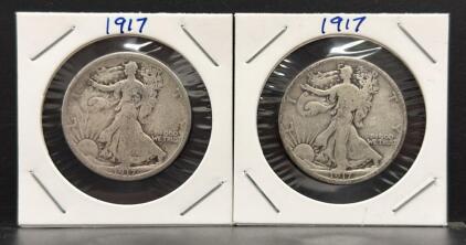 1917 Walking Liberty Half Dollars, Two Coins, 90% Silver, Well Circulated Collectible US Coins