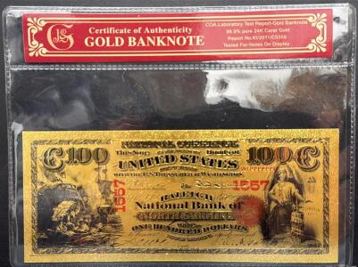 24K Gold-Plated Replica $100 Raleigh National Bank Note, COA, WR999999, 6.14"x2.61" Display