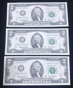 Consecutive 2003 $2 Federal Reserve Notes Uncirculated, San Francisco L District, Cabral-Snow