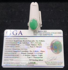(1) Size 7 .925 Dyed Green Beryl Oval Cabochon Emerald Ring W/ GGA Card