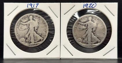 1917 & 1920 Walking Liberty Half Dollars, 90% Silver, Circulated U.S. Coins