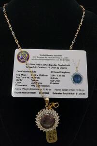 (1) .925 Silver Ruby And White Sapphire Pendant With Yellow Gold Overlay And 18" Chain By Orianne