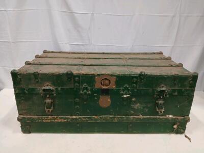 Vintage Green Metal Steamer Trunk, c. 1930s-1950s, Leather Handles, Metal Latches