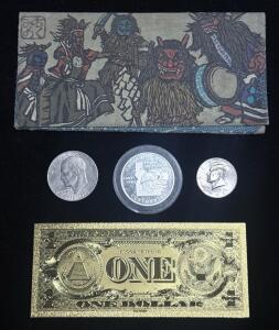 Collectible US Coins & Silver Sunshine Round with Novelty Dollar Bills & Japanese Art Wallet Set