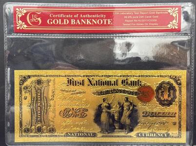 24K Gold-Plated First National Bank Lebanon $1 Note Replica w/COA, Detailed Two-Sided Design