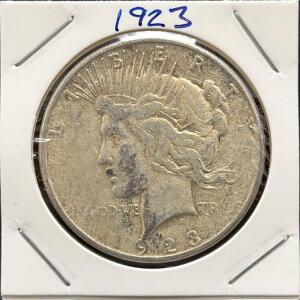 1923 Peace Dollar Silver Coin, 90% Silver, Circulated, Philadelphia Mint, 38.1mm