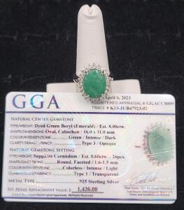 (1) Size 7 1/2 .925 Dyed Green Beryl Oval Cabochon Emerald Ring W/ GGA Card