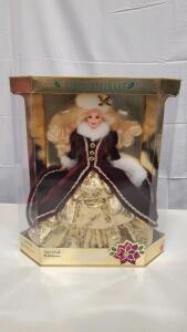 1996 Mattel Happy Holidays Barbie Doll Special Edition 15646, Burgundy & Gold Gown, NRFB