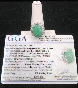 (1) Size 8 .925 Dyed Green Beryl Oval Cabochon Emerald Ring W/ GGA Card