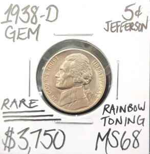 1938-D MS68 RARE Rainbow Toning Jefferson .05c