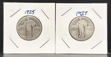 1925 & 1927 Standing Liberty Quarters, 90% Silver, Circulated, Philadelphia Mint