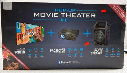 iLive Pop-Up Movie Theater Kit - 120" Screen, Mini Projector w/ Bluetooth, Party Speaker, Accessories. Speaker powers on, projecter missing cords.