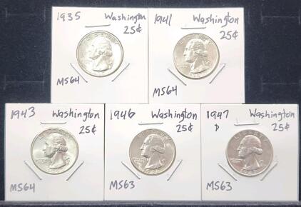 (4) 1935-1946 U.S. Washington Quarter Coin (1) 1947-D U.S. Washington Quarter Coin