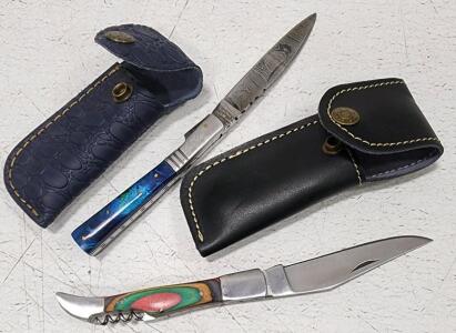 (1) Laguiolle-Style Corkscrew Pocket Knife With Wood Handle And Sheath (1) Damascus Steel Pocket Knife With Resin Handle And Sheath