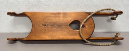 Traditional Wooden Sled with Heart Cutout, Rope Pull Handle, Decorative Classic Style, 32&ndash;36 Inches Long