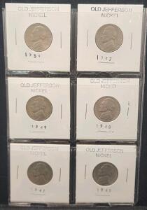 (6) 1940-1954 Old Jefferson Nickel Coins