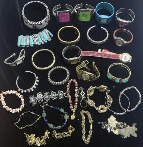 Assorted Women&rsquo;s Bracelets & Quartz Wristwatch, Metal, Shell, Beads, Cuff Styles, 4 Pieces