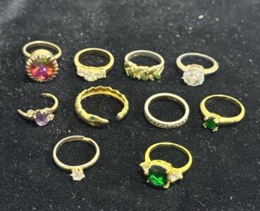 Assorted 10-Ring Lot: Solitaire, Serpent, Green & Multicolor Gem Fashion Rings, 1 Sterling Silver