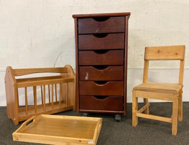 (6) Drawer Rolling Wooden Storage Cabinet, Wooden Magazine Rack, Wooden Baby Chair, Bamboo Bed Tray