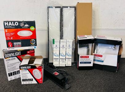 Home Improvement Mixed Lot: Delta Dryden Fixtures, Halo & Utilitech LED Downlights, Filters, Power Strip