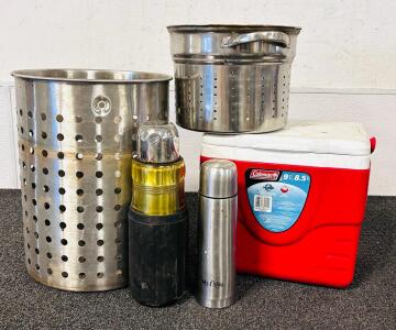 Coleman 9 Quart Cooler, (2) Thermus Cups, and (2) Stainless Steel Strainers
