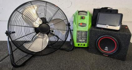 DB Speaker with Box, RCA Daul Car Headrest DVD Players, Pressure Washer, Fan