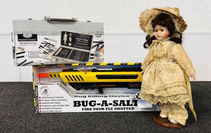 Royal & Langnickel Sketching Essentials 66-Piece Art Set with Wooden Case, Bug-A-Salt 3.0, and Porcelain Doll