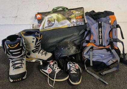 Odyssey Hicking Backpack, Tents, Snowboarding Vans Boots Size 12, Helmet, FootJoy Shoes Size 9M